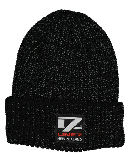 Black Silver Coloured Line 7 Reflective Beanie on white background 