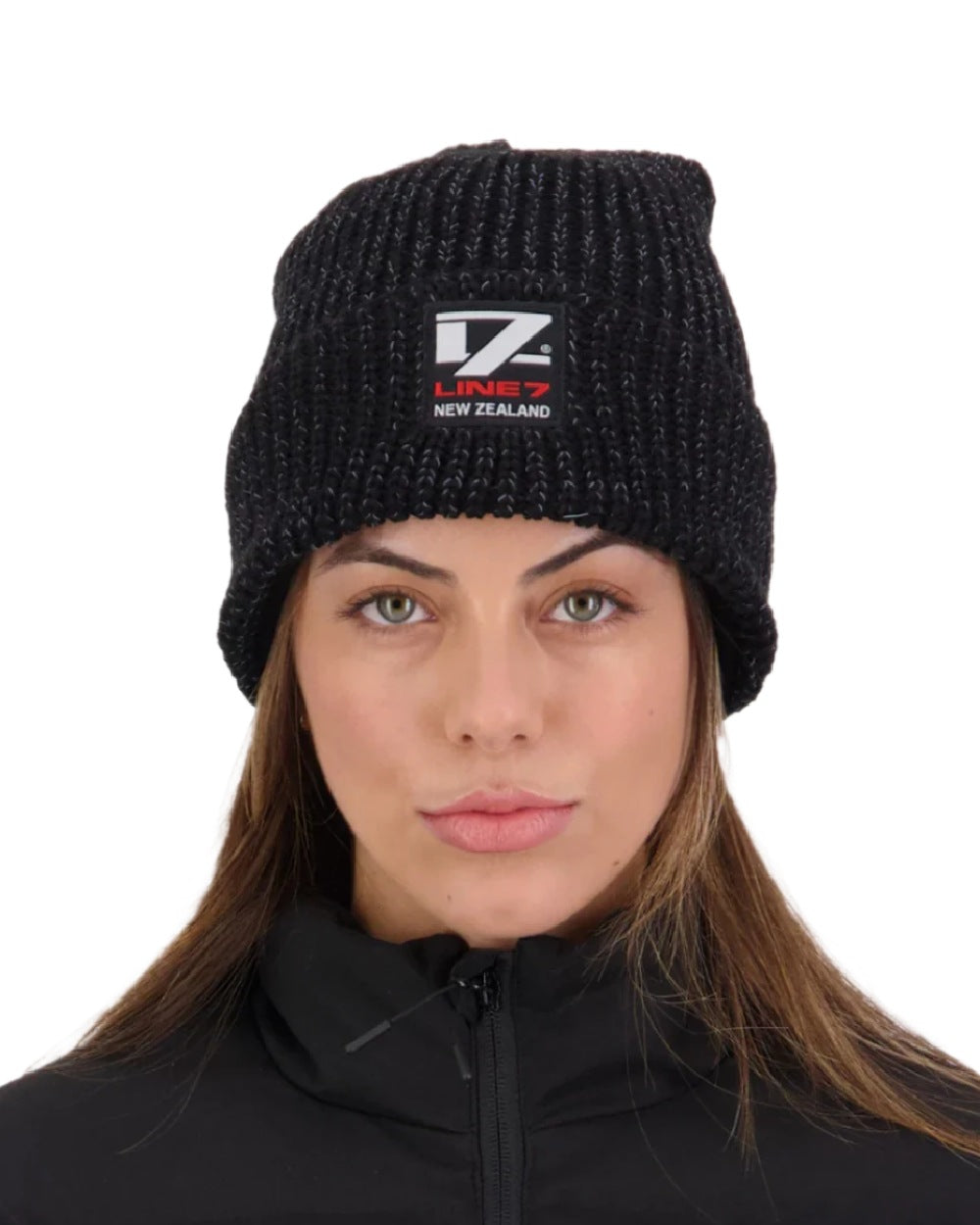 Black Silver Coloured Line 7 Reflective Beanie on white background 