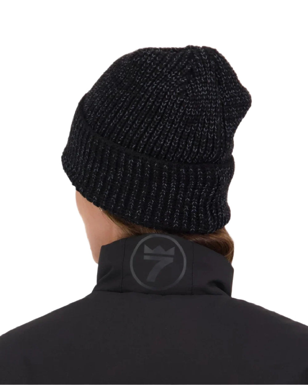 Black Silver Coloured Line 7 Reflective Beanie on white background 