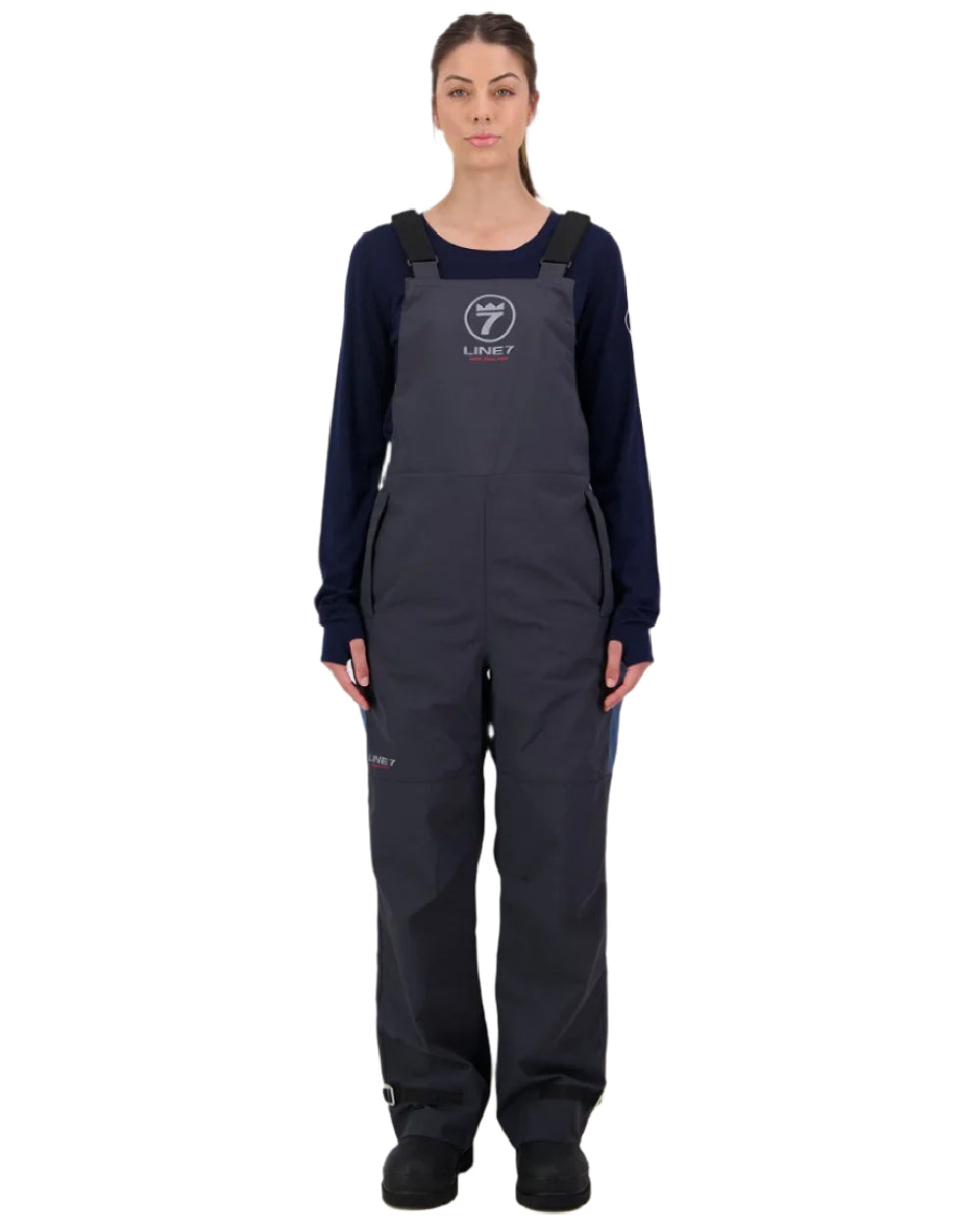 Stormy Weather Ebony Coloured Line 7 Womens Storm Armour10 Waterproof 2 Layer Bib Overtrouser on white background 