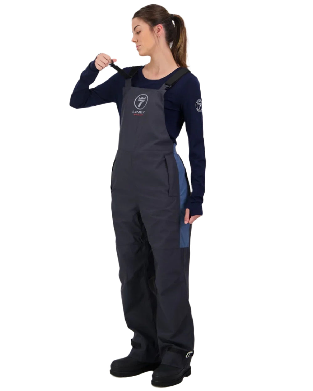 Stormy Weather Ebony Coloured Line 7 Womens Storm Armour10 Waterproof 2 Layer Bib Overtrouser on white background 