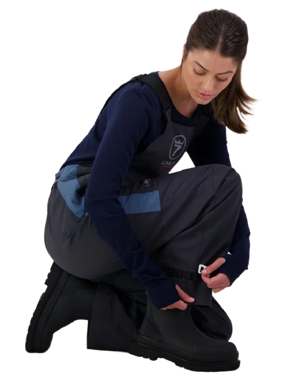 Stormy Weather Ebony Coloured Line 7 Womens Storm Armour10 Waterproof 2 Layer Bib Overtrouser on white background 