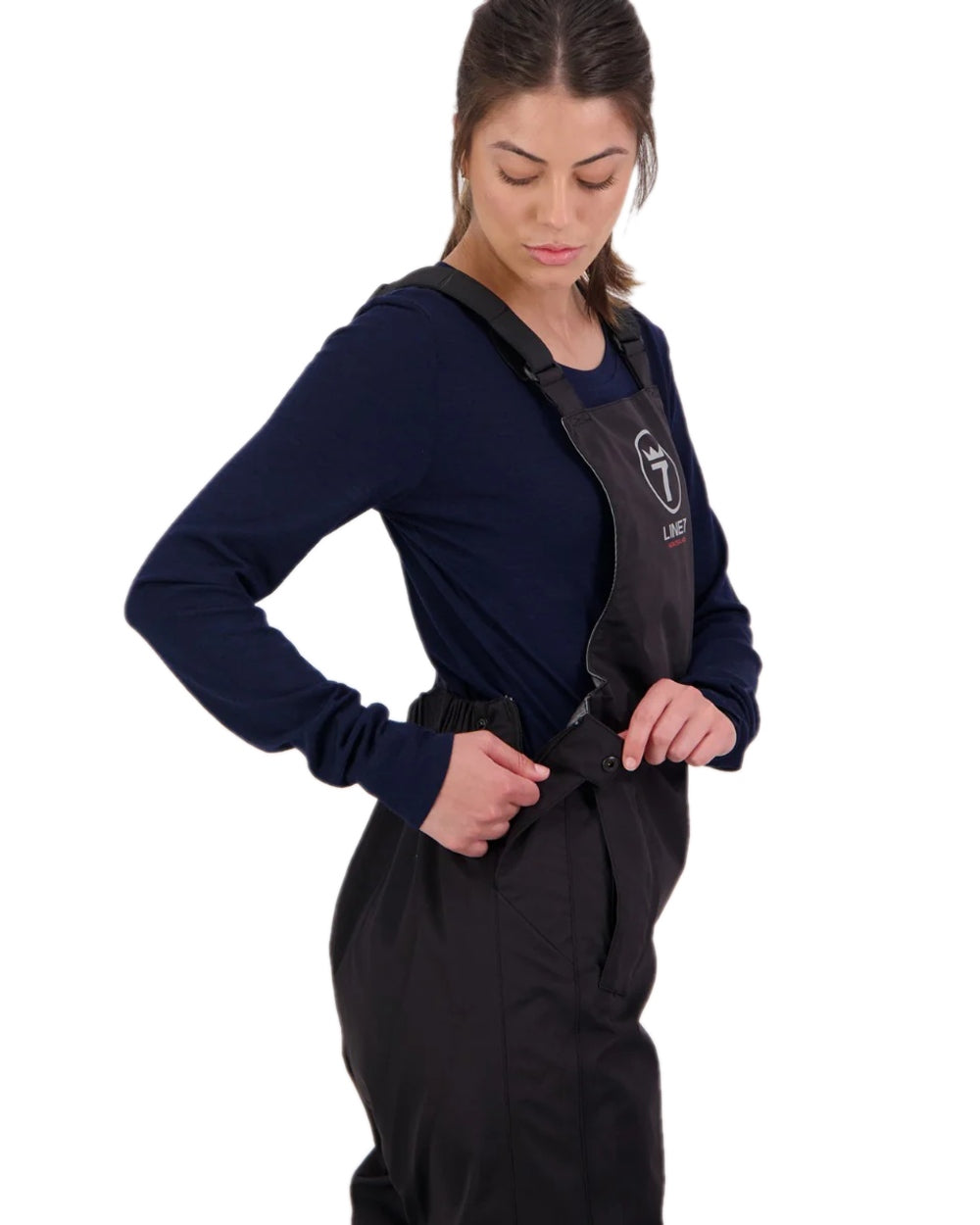 Black Coloured Line 7 Womens Territory Storm Pro20 Waterproof Bib Overtrouser on white background 