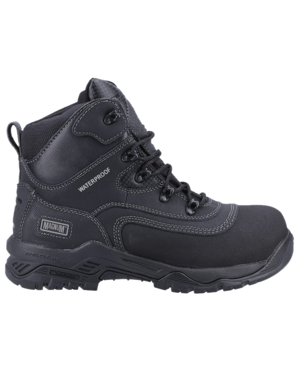 Black Coloured Magnum Broadside 6.0 CT CP Waterproof Safety Boots on white background 