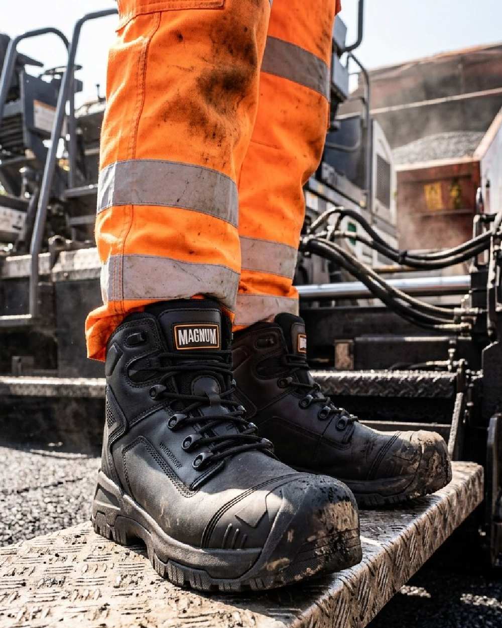 Black Coloured Magnum Mens Highway 6.0 Safety Boots on outdoor background 