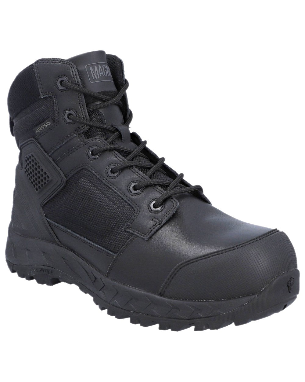 Black Coloured Magnum Mens Spider Exo 6.0 CT Waterproof Safety Boots on white background 