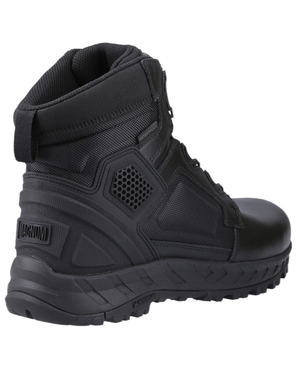 Black Coloured Magnum Mens Spider Exo 6.0 Waterproof M-Lock Occupational Boots on white background 