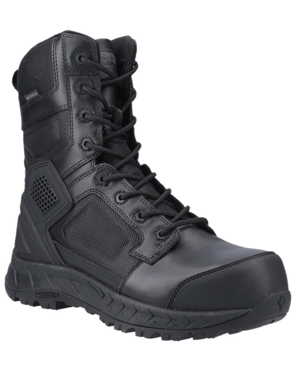 Black Coloured Magnum Mens Spider Exo 8.0 CT Waterproof Safety Boots on white background 