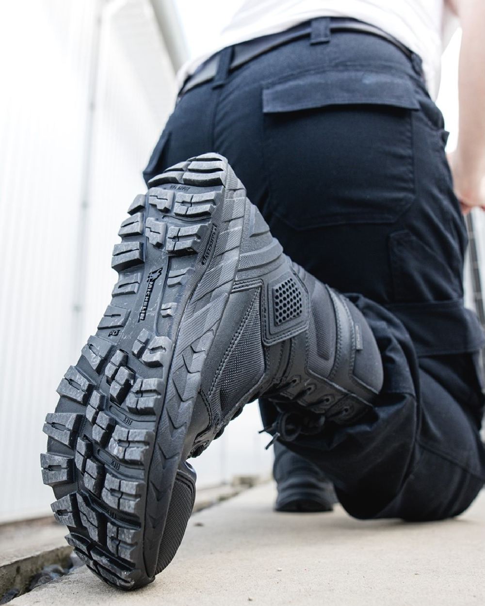 Black Coloured Magnum Mens Spider Exo 8.0 SZ Waterproof Occupational Boots on outdoor background 
