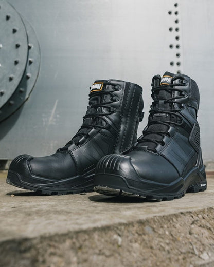 Black Coloured Magnum Mens Storm Force 8.0 Waterproof Safety Boots on  outdoor background 