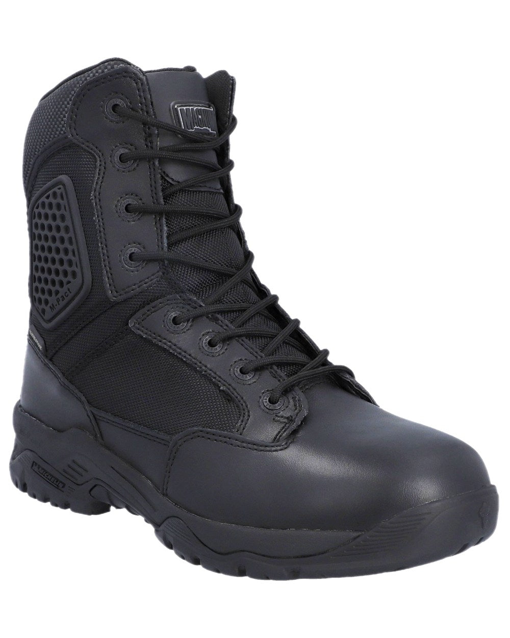 Black Coloured Magnum Mens Strike Force 8.0 Side-Zip Waterproof Uniform Boots on white background 