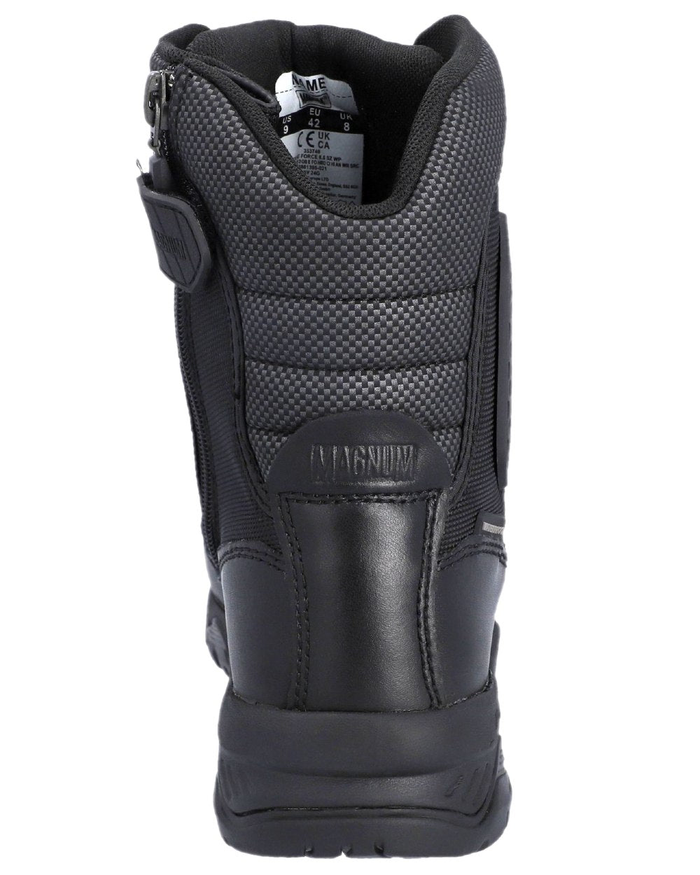 Black Coloured Magnum Mens Strike Force 8.0 Side-Zip Waterproof Uniform Boots on white background 