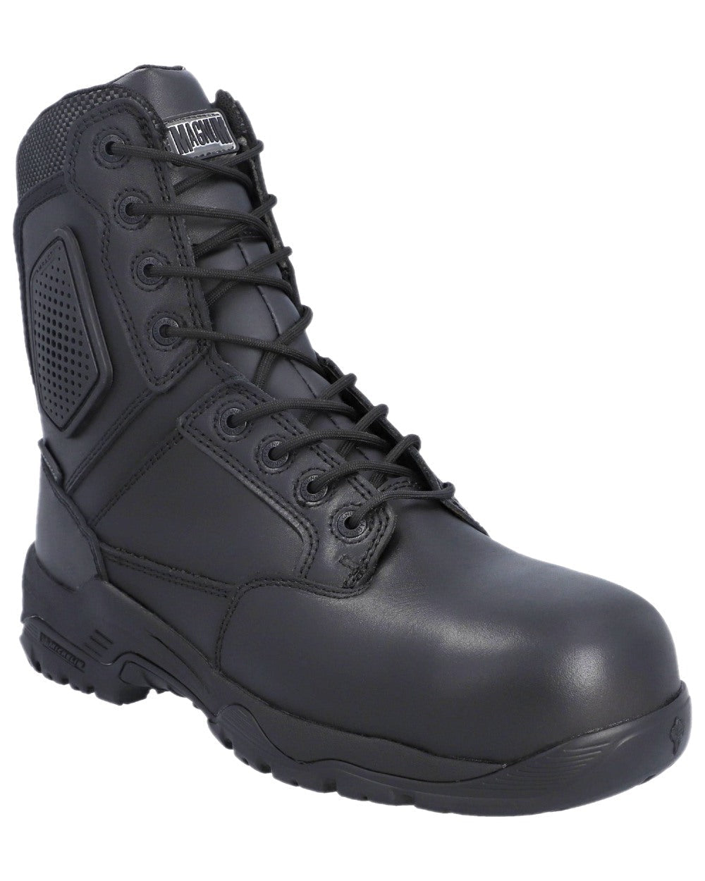 Black Coloured Magnum Strike Force 8.0 Side-Zip CT CP Waterproof Uniform Safety Boots on white background 