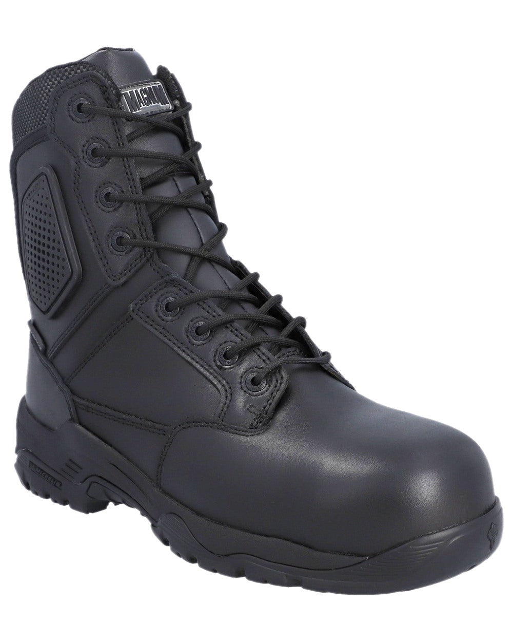 Black Coloured Magnum Strike Force 8.0 Side-Zip CT CP Waterproof Uniform Safety Boots on white background 