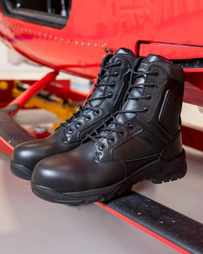 Black Coloured Magnum Strike Force 8.0 Side-Zip CT CP Waterproof Uniform Safety Boots on outdoor background 