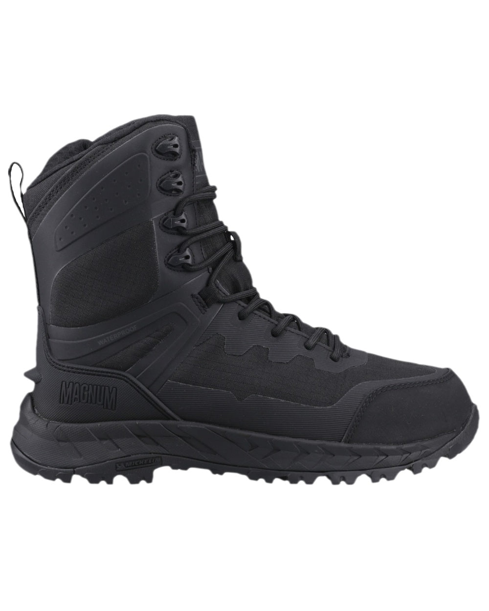 Black Coloured Magnum Ultima Pro 8.0 Waterproof Side-Zip Uniform Boots on white background 