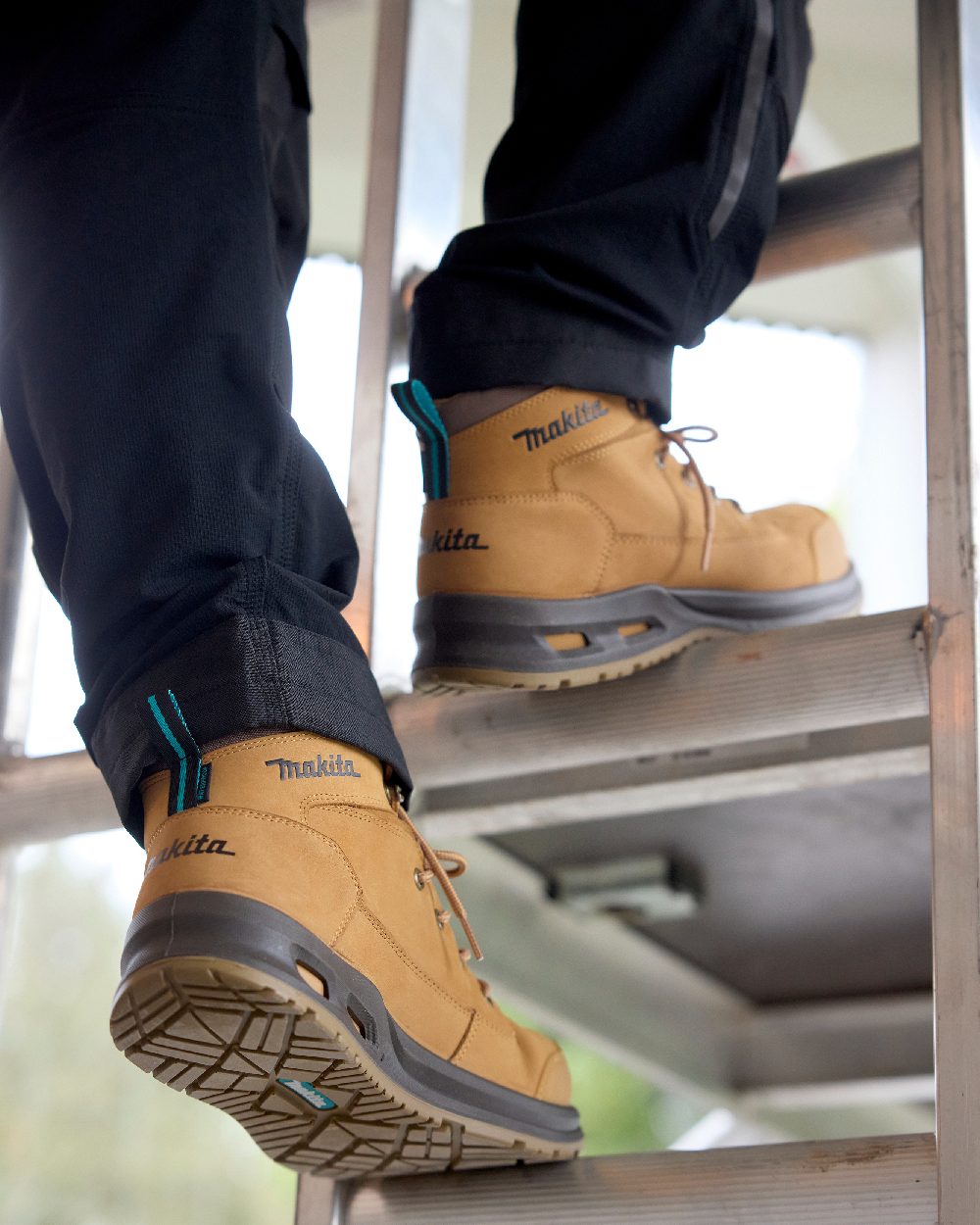 Tan Coloured Makita Mens Kyoto Safety Boots on outdoor background 