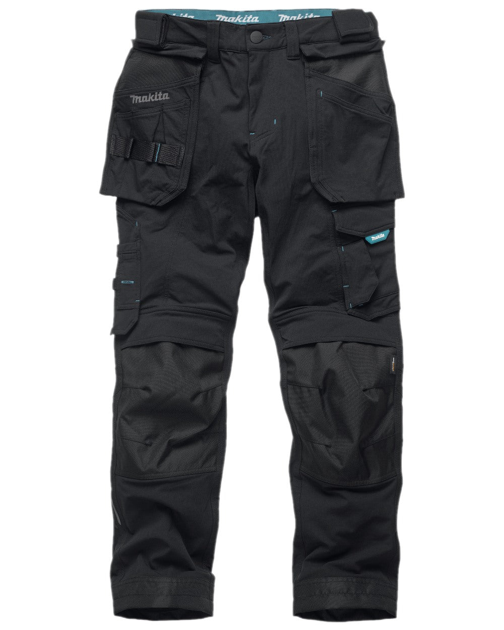 Black Coloured Makita Mens Onyx Stretch Trousers on white background 