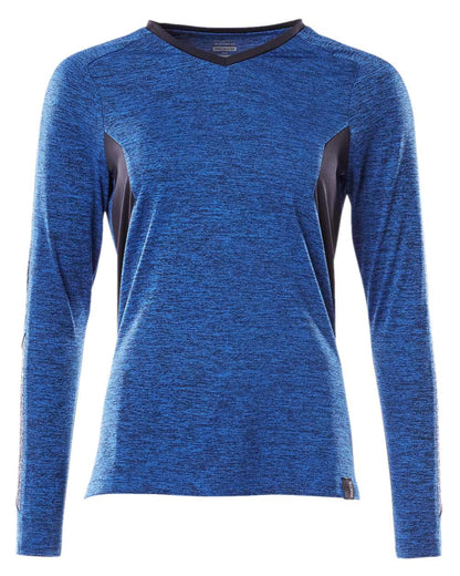 Azure Blue Dark Navy Coloured Mascot Womens Accelerate V-Neck Long Sleeved T-Shirt on white background 