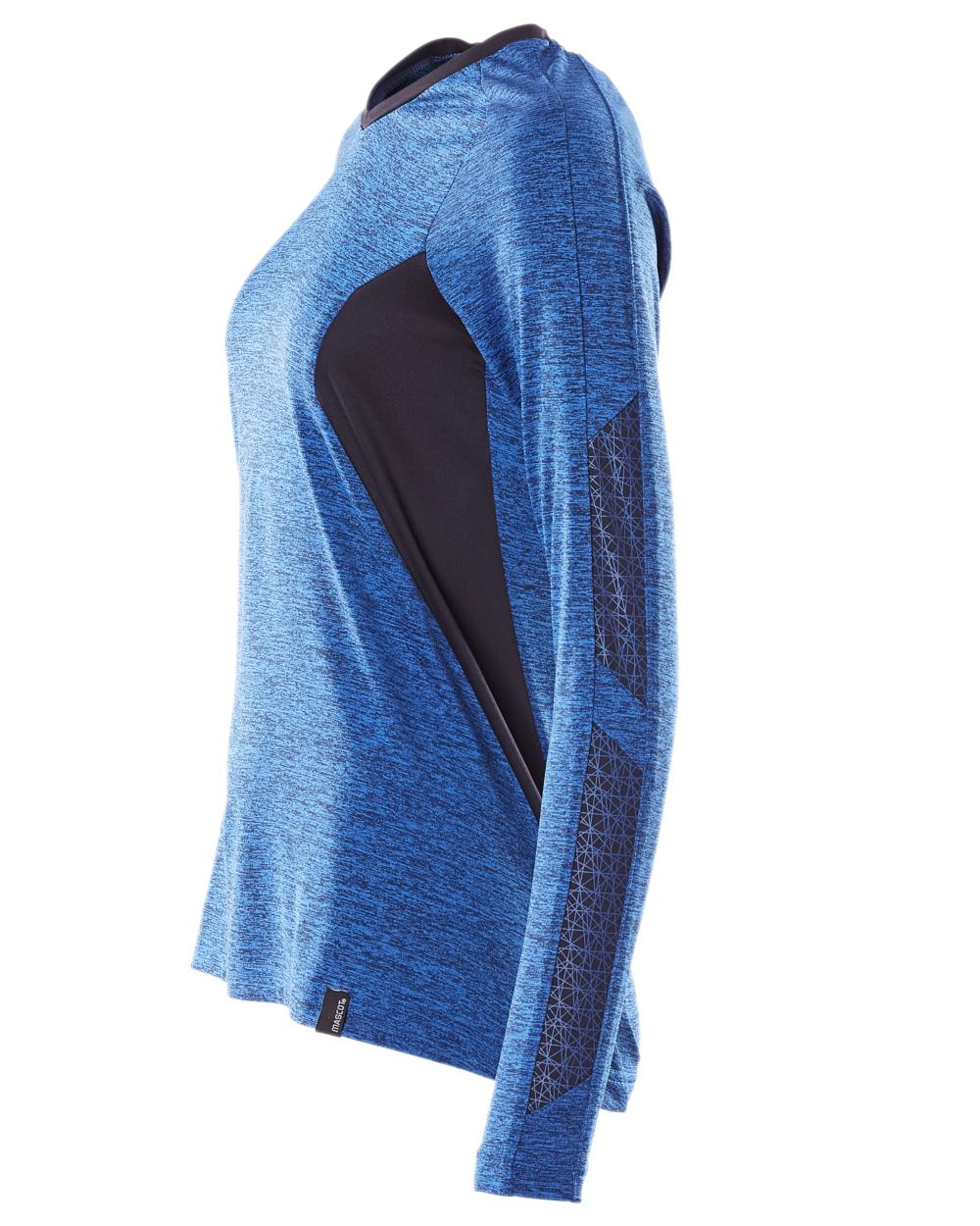 Azure Blue Dark Navy Coloured Mascot Womens Accelerate V-Neck Long Sleeved T-Shirt on white background 