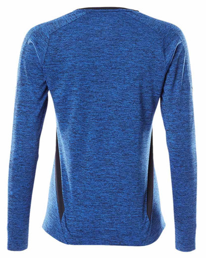Azure Blue Dark Navy Coloured Mascot Womens Accelerate V-Neck Long Sleeved T-Shirt on white background 