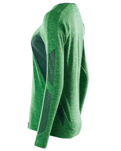 Grass Green Coloured Mascot Womens Accelerate V-Neck Long Sleeved T-Shirt on white background 