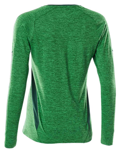 Grass Green Coloured Mascot Womens Accelerate V-Neck Long Sleeved T-Shirt on white background 