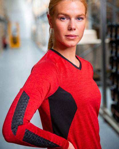 Traffic Red Black Coloured Mascot Womens Accelerate V-Neck Long Sleeved T-Shirt on factory background 