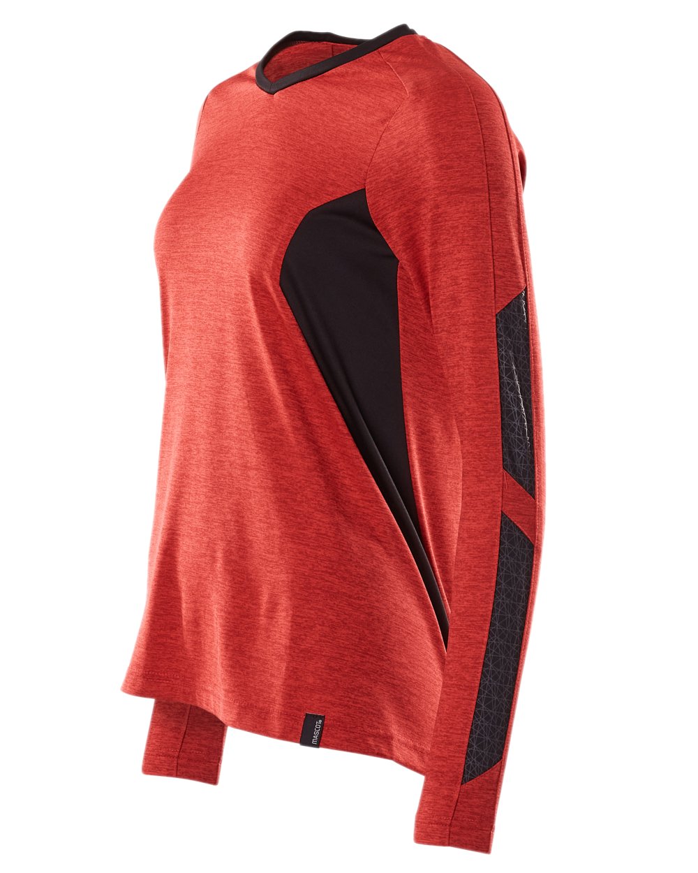 Traffic Red Black Coloured Mascot Womens Accelerate V-Neck Long Sleeved T-Shirt on white background 