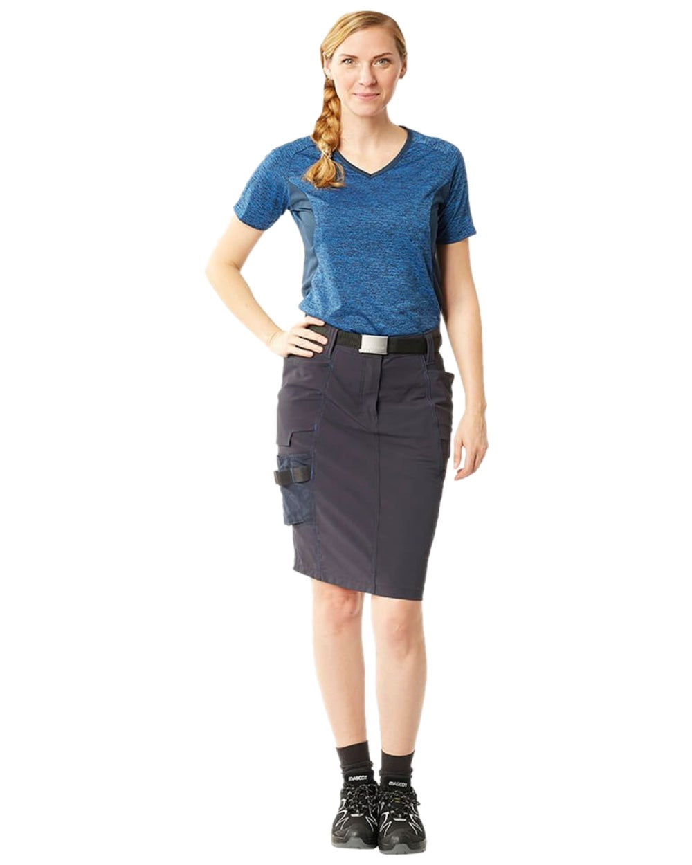 Azure Blue Dark Navy Coloured Mascot Womens Accelerate V-Neck T-Shirt on white background 