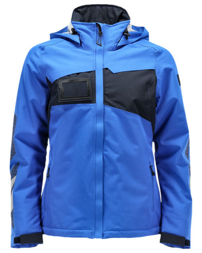 Azure Blue Dark Navy Coloured Mascot Womens Accelerate Winter Jacket on white background 