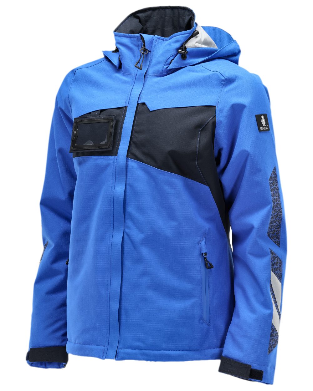 Azure Blue Dark Navy Coloured Mascot Womens Accelerate Winter Jacket on white background 