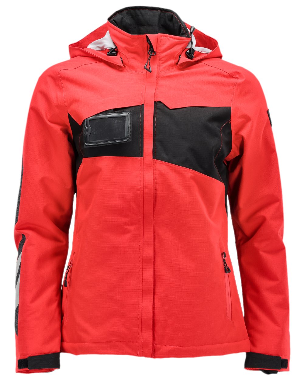 Traffic Red Black Coloured Mascot Womens Accelerate Winter Jacket on white background 