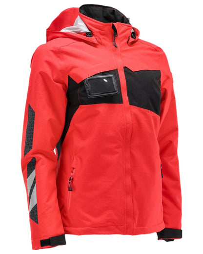 Traffic Red Black Coloured Mascot Womens Accelerate Winter Jacket on white background 