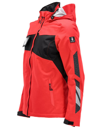 Traffic Red Black Coloured Mascot Womens Accelerate Winter Jacket on white background 