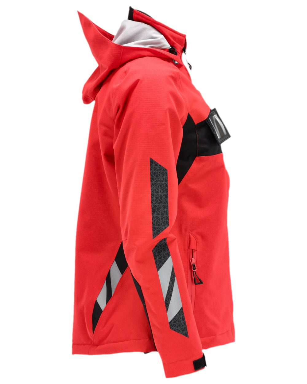 Traffic Red Black Coloured Mascot Womens Accelerate Winter Jacket on white background 