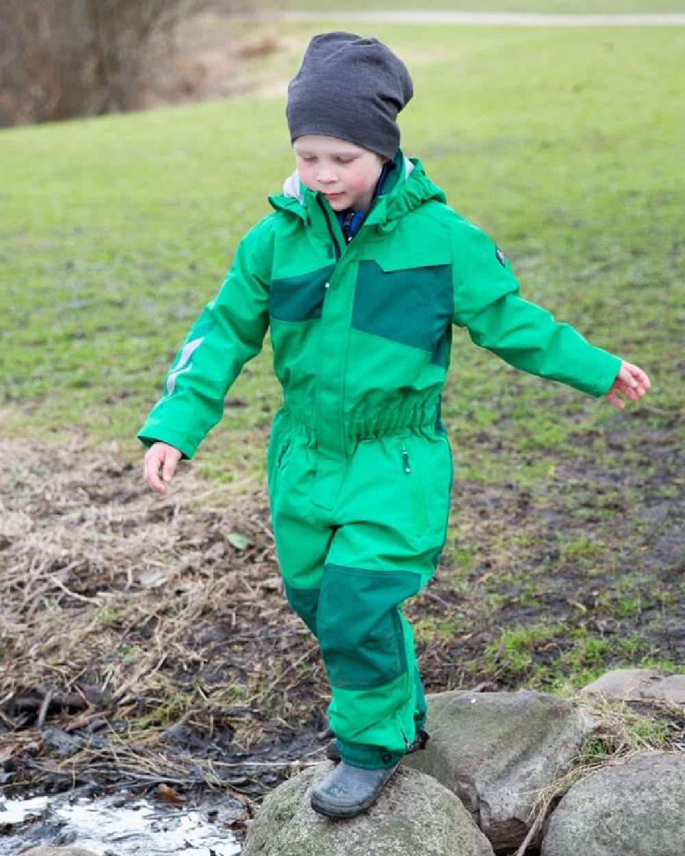 Grass Green Coloured Mascot Workwear Childrens Accelerate Breathable Snowsuit on outdoor background 