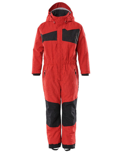 Traffic Red Black Coloured Mascot Workwear Childrens Accelerate Breathable Snowsuit on white background 