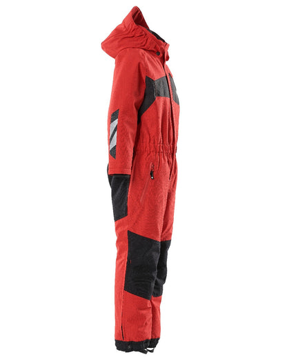Traffic Red Black Coloured Mascot Workwear Childrens Accelerate Breathable Snowsuit on white background 