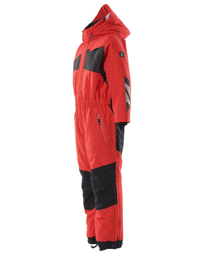 Traffic Red Black Coloured Mascot Workwear Childrens Accelerate Breathable Snowsuit on white background 