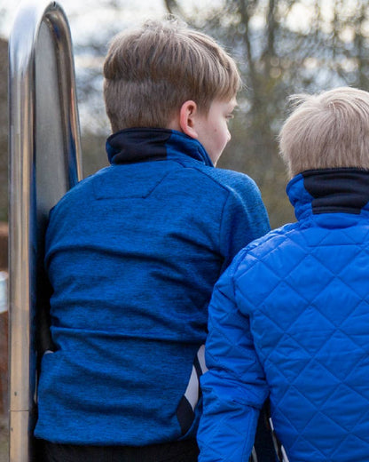 Azure Blue Dark Navy Coloured Mascot Workwear Childrens Accelerate Fleece Jumper on outdoor background 