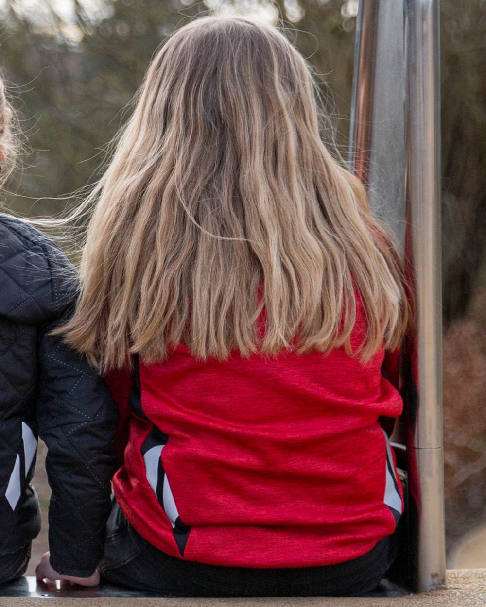 Traffic Red Black Coloured Mascot Workwear Childrens Accelerate Fleece Jumper on outdoor background 