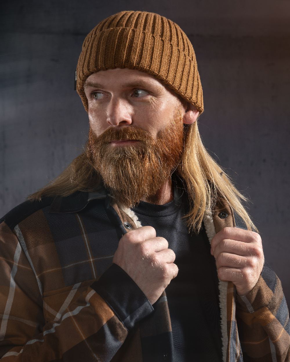 Nut Brown Coloured Mascot Workwear Customized Knitted Hat on indoor background 