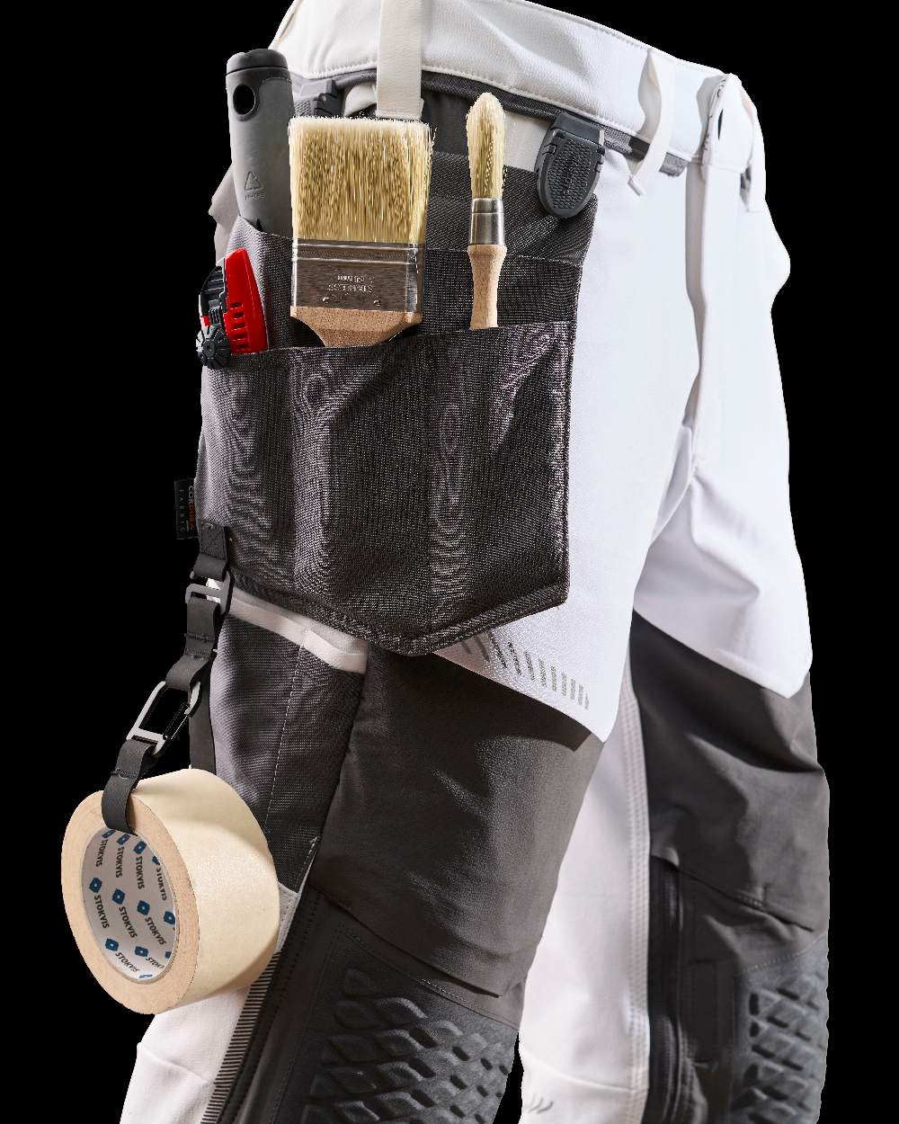 Stone Grey Coloured Mascot Workwear Customized Set of Two Painter Holster Pockets on indoor background 