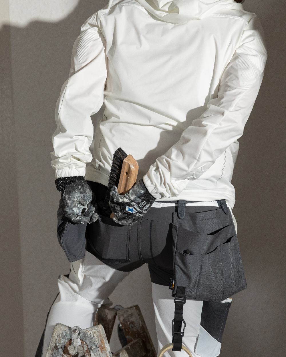 Stone Grey Coloured Mascot Workwear Customized Set of Two Painter Holster Pockets on indoor background 
