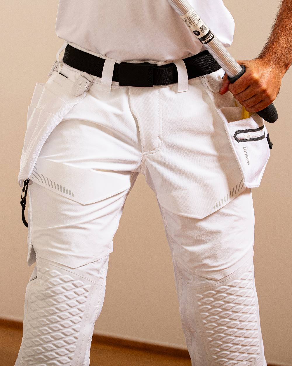 White Coloured Mascot Workwear Customized Set of Two Painter Holster Pockets on indoor background 