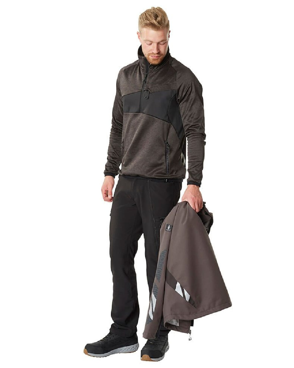 Dark Anthracite Black Coloured Mascot Workwear Mens Accelerate Fleece Jumper With Half Zip on white background 