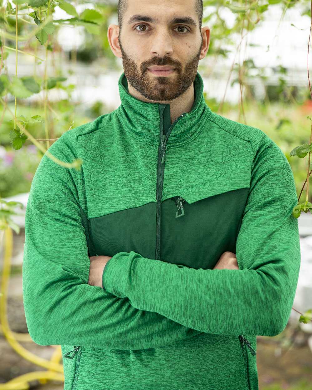 Grass Green Coloured Mascot Workwear Mens Accelerate Fleece Jumper With Half Zip on farm background 