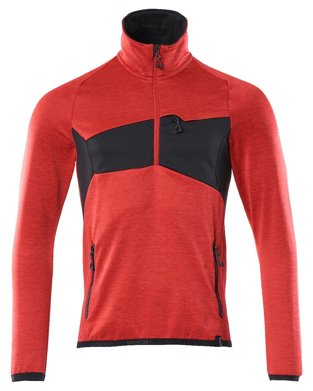 Traffic Red Black Coloured Mascot Workwear Mens Accelerate Fleece Jumper With Half Zip on white background