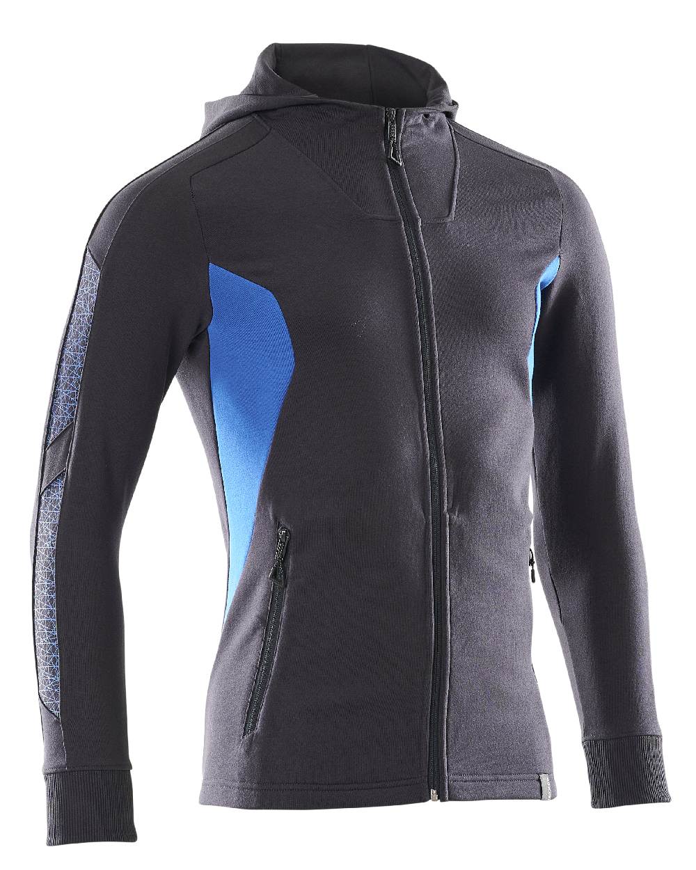 Dark Navy Azure Blue Coloured Mascot Workwear Mens Accelerate Hoodie With Zipper on white background 